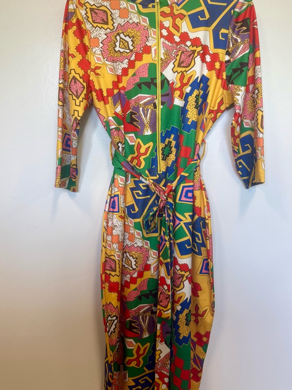 New 70s style Colorful Geometric Midi Dress with Tie Waist - Halloween